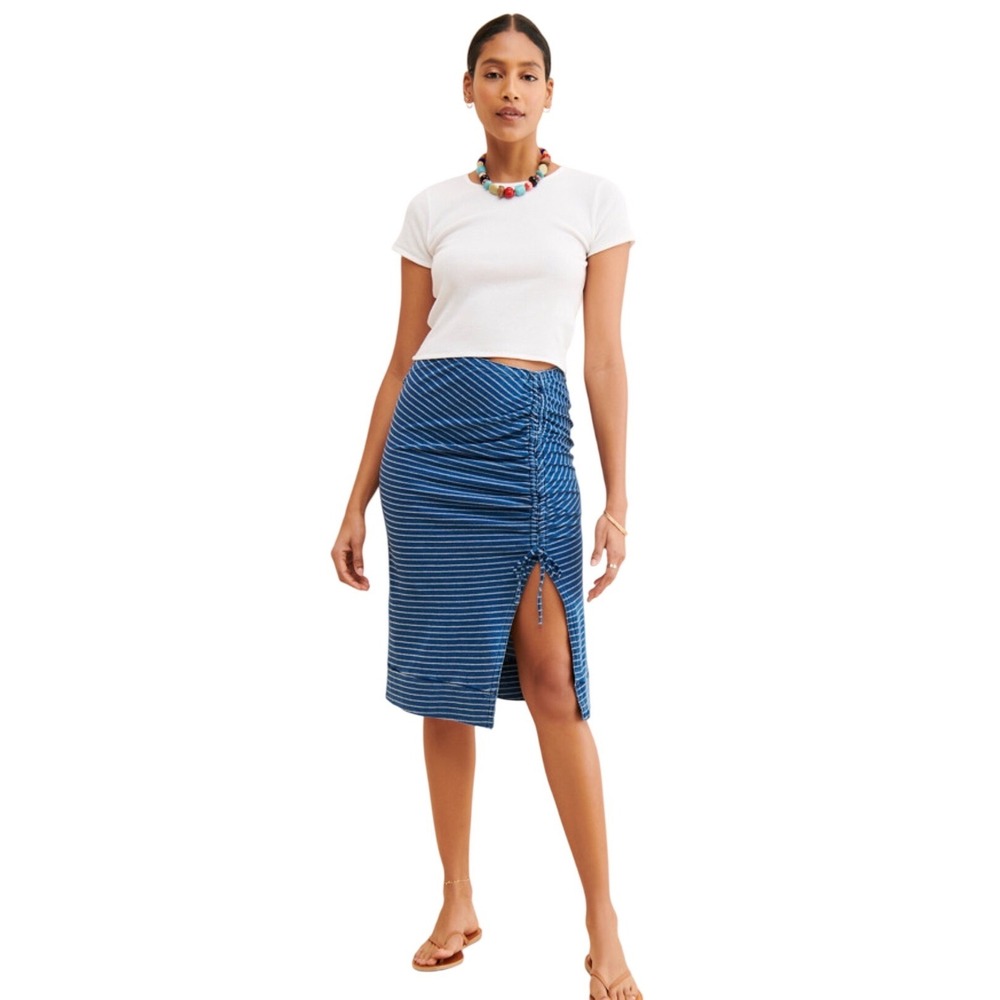 Anthropologie Pilcro Blue White Striped Ruched Midi Skirt Size 4 NWT